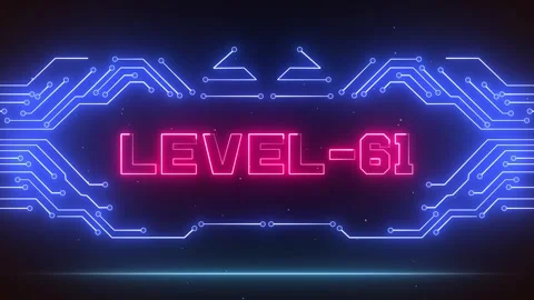 Level 61 Gaming Achievement Screen Blue Neon Circuits Glowing Pink Text Stock Footage 327890035
