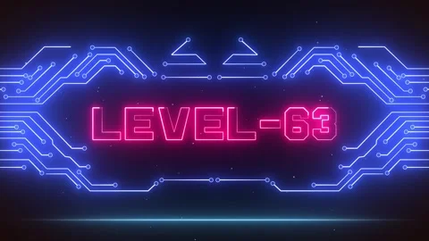 Level 63 Gaming Achievement Screen Blue Neon Circuits Glowing Pink Text Stock Footage 327890037