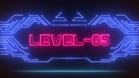 Level 65 Gaming Achievement Screen Blue Neon Circuits Glowing Pink Text Stock Footage 327890051
