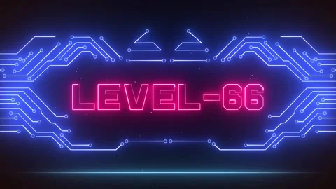 Level 66 Gaming Achievement Screen Blue Neon Circuits Glowing Pink Text Stock Footage 327890050