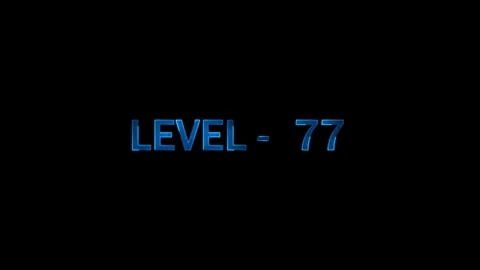 Level 77 digital game screen appearing on black background with blue neon glo Stock Footage 334157620