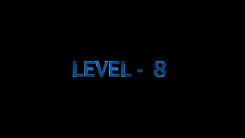 Level 8 text animation with blue flickering light effect on black backgroun.. Stock Footage 333878358
