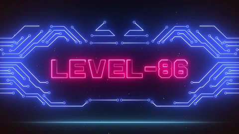 Level 86 Gaming Achievement Screen Futuristic Neon Circuits Stock Footage 327890127