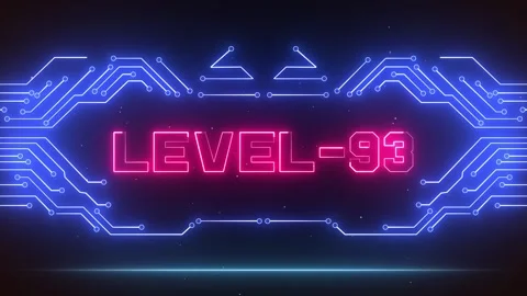 Level 93 Gaming Achievement Screen Neon Circuit Board Video stock 327890166
