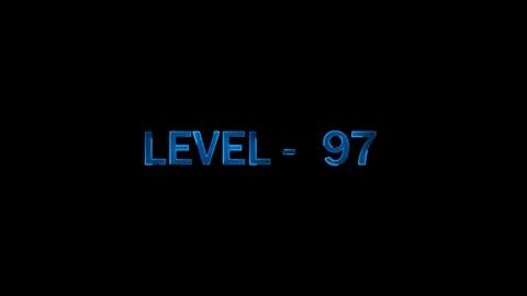 Level 97 appears in glowing blue futuristic digital text on black background Stock Footage 334157661