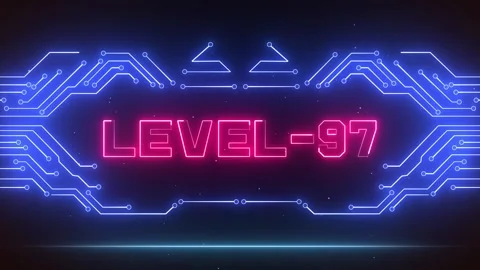 Level 97 Gaming Achievement Screen Futuristic Neon Circuits Stock Footage 327890183