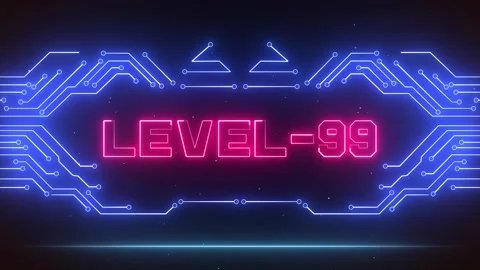 Level 99 Ultimate Gaming Achievement Screen Neon Tech Stock Footage 327890200