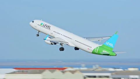 LEVEL Airbus A321 Taking off from Lisbon Portugal LIS Airport Stock Footage 134021332