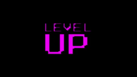Level up animation of looped text with glitch effect on black background. Stock Footage 316246623