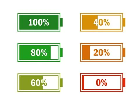Level battery energy icon set. Powerfully full and power low up status batter Stock Illustration