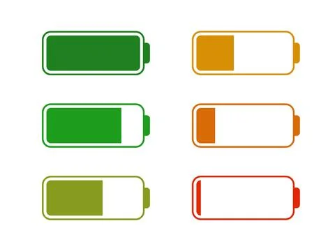 Level battery energy icon set. Powerfully full and power low up status batt.. Stock Illustration