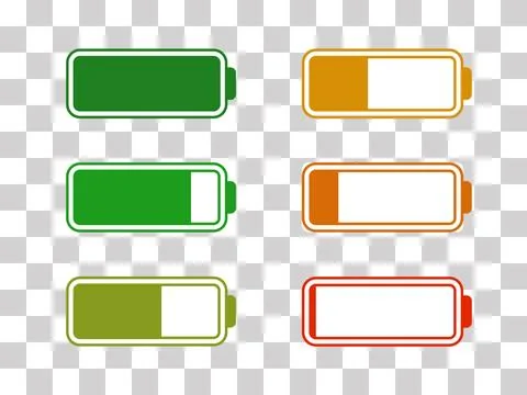 Level battery energy icon set. Powerfully full and power low up status batter Stock Illustration