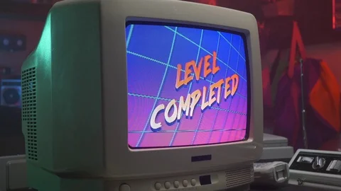 LEVEL COMPLEATED Text on a Vintage TV Screen Retro 80s 90s Style Stock Footage 113530367