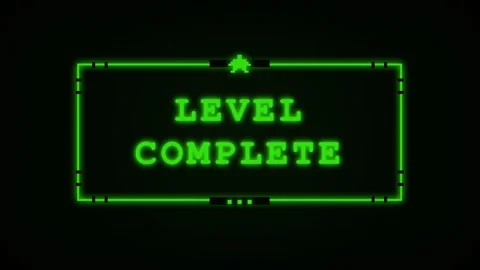 Level Complete Retro Gaming Screen with Green Pixelated Text on Black Backgr Stock Footage 336617944