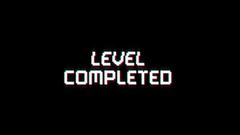 Level completed animation of looped text glitch video game screen effect Stock Footage 313060745