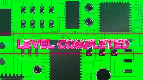 Level completed text on neon banner over close up of microprocessor connections Stock Footage 158414218