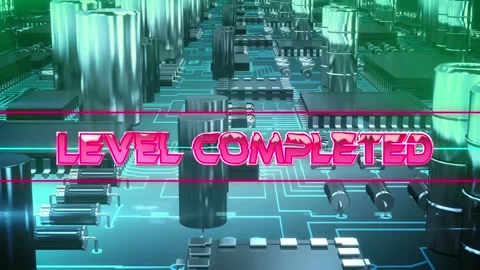 Level completed text on neon banner against close up of microprocessor Stock Footage 158414495