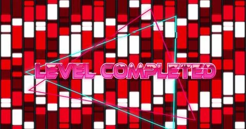 Level completed text over neon triangular shapes against red abstract shapes on Stock Illustration
