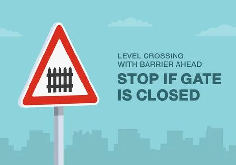 Level crossing with barrier ahead, stop if gate is closed traffic sign. Close-up Illustrazione stock