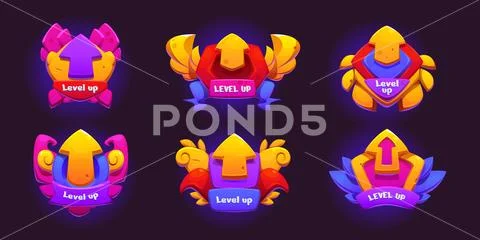 Level up game ui badge with arrow, ribbon and sign: Graphic #250933305