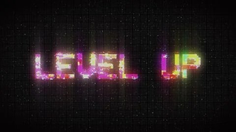 Level up glitch text with retro background effect. level up game Stock Footage 232996922