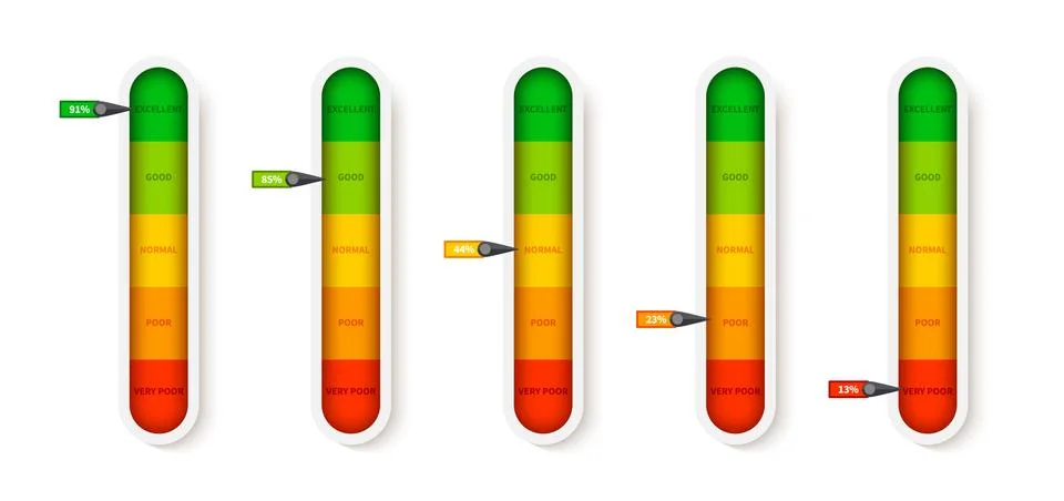 Level indicator meter with percentage units. Scoring progress vertical. Vector Stock Illustration