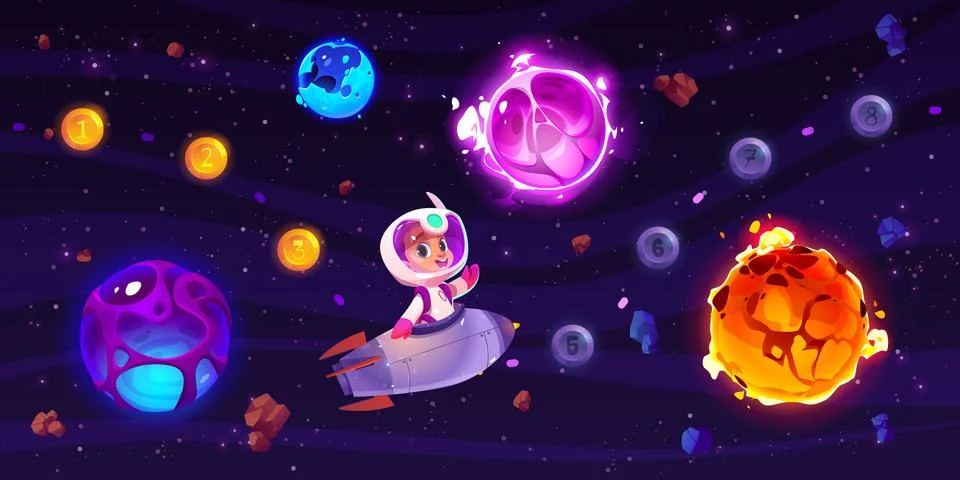 Level map with kid astronaut on rocket in space Ilustração Stock
