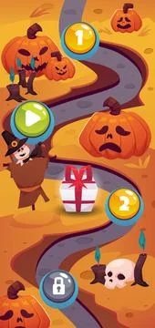 Level map vertical user interface Halloween vector background, pumpkin with Stock Illustration