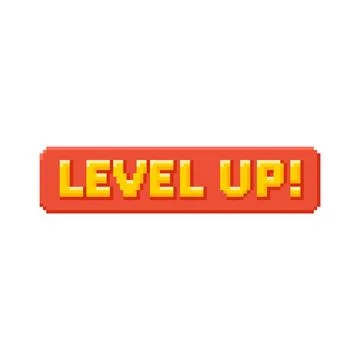 Level up message button, 8-bit pixel art style, bright red and yellow color. Illustrazione stock