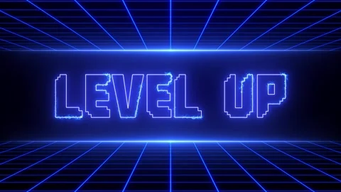 Level Up Neon Glowing Text Animation with Futuristic Blue Light Effects Stock Footage 318826427