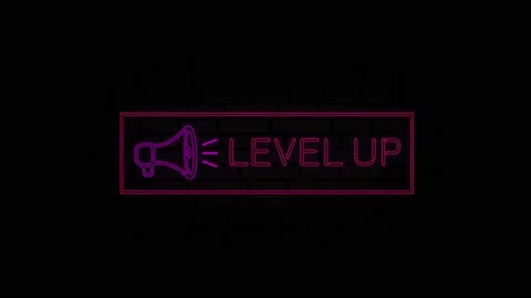 Level up neon sign in a frame with a megaphone on a black background. Animation Stock Footage 164336546