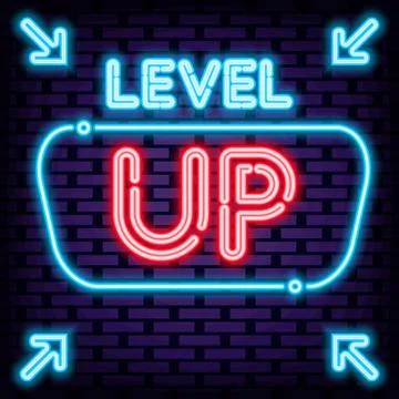 Level Up Neon Sign Vector. Neon script. Light art. 스톡 일러스트