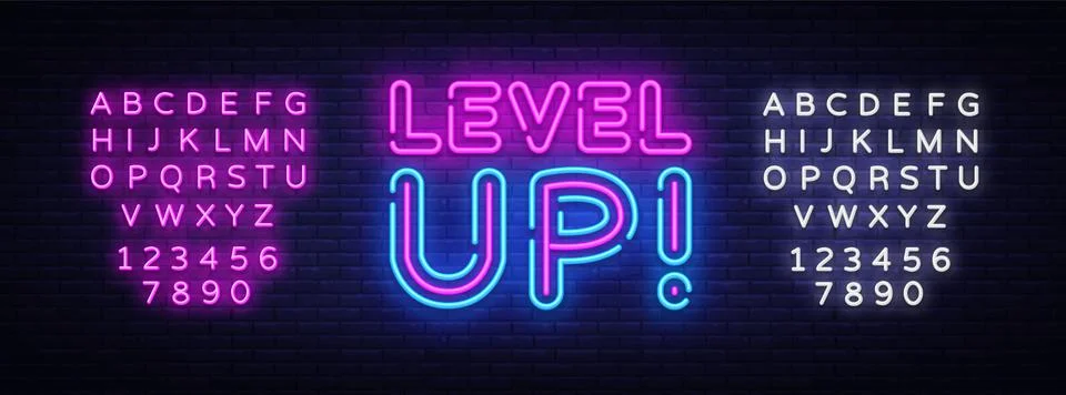 Level Up Neon Text Vector. Level Up neon sign, design template, modern trend Stock Illustration