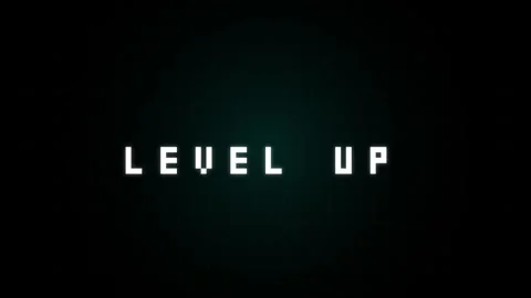 Level up pixel art text on dark grid. Stock Footage 340014126