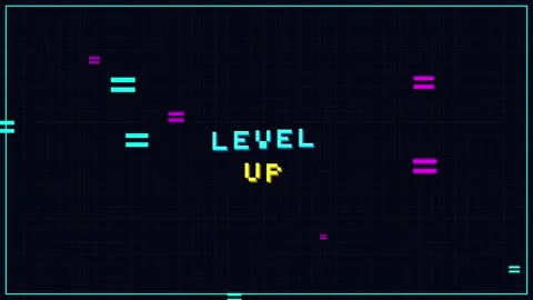 LEVEL UP pixel retro game animation with glowing neon text and digital 8-bit Stock Footage 345876411