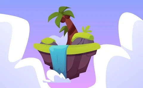 Level platform with coconut palm and waterfall, tropical land game island Stockillustratie