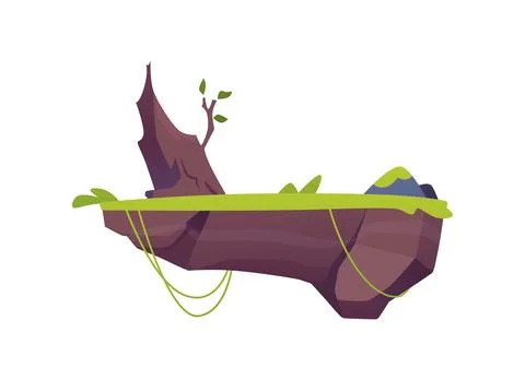 Level platform with old tree trunk, green lawn, floating game island land Stock Illustration