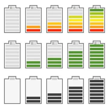 Level, progress indicators, battery level indicators. Editable vector. Ilustración de archivo