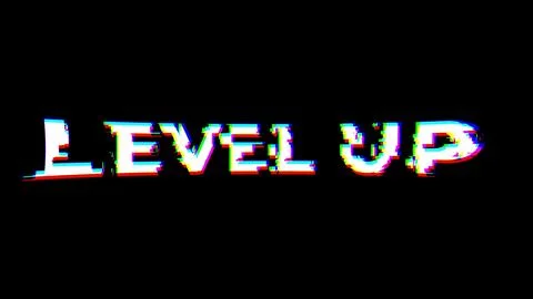 Level up sign with glitch effect on black background. Abstract cyberpunk Stock Illustration