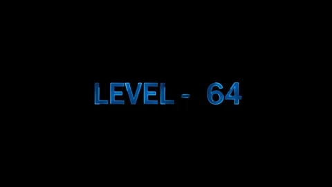 Level sixty four video game screen display with glowing blue futuristic text Stock Footage 334157586