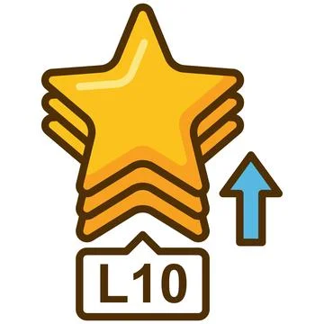 Level up stacked yellow star flat icon with L10 tag and arrow. イラスト素材