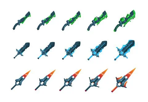 Level up sword. Cartoon poison magic and fire blades with various developed Stock Illustration