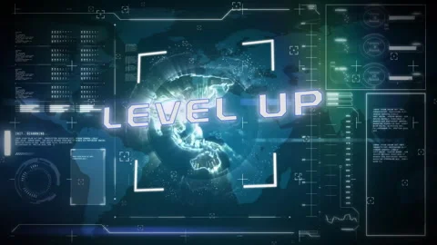Level up text animation over digital world map and futuristic interface Stock Footage 304191879