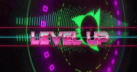 Level up text animation over neon geometric shapes and sound waves 库存影片 306816676