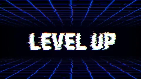 Level Up Text Animation with Retro Glitch Effect in Digital Grid Background Stock Footage 318426135