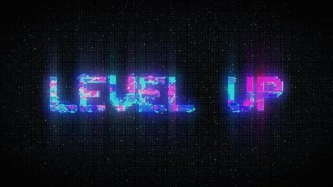 LEVEL UP text with glitch background concept for video games screen. 스톡 일러스트