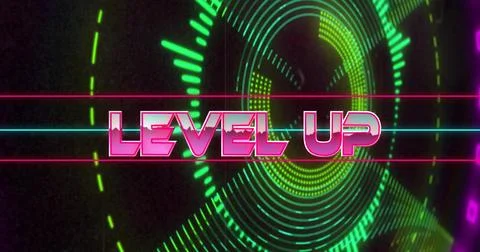Level up text image over neon geometric shapes and sound waves 스톡 일러스트