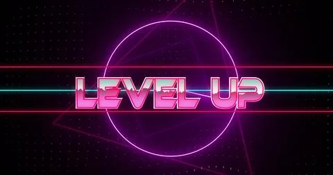 Level up text image over neon geometric shapes on dark background 스톡 일러스트