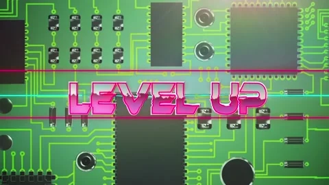 Level up text on neon banner against close up of microprocessor connections on Vídeo Stock 158414516