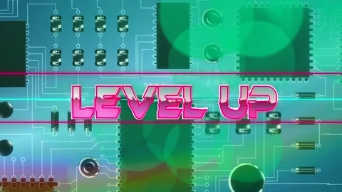 Level up text on neon banner over close up of microprocessor connections on blue Vídeo Stock 158414430